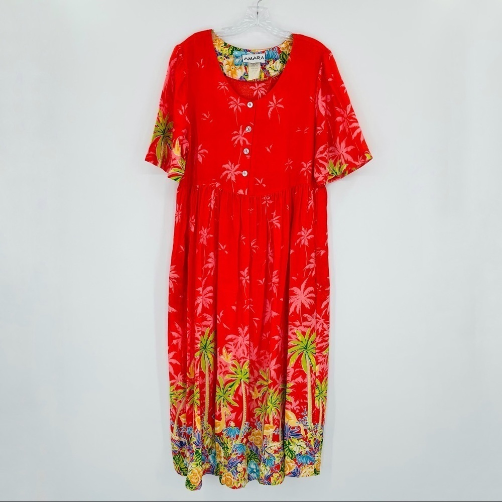 Vintage amara Hawaiian mumu maxi dress flamingo tropical novelty print‎